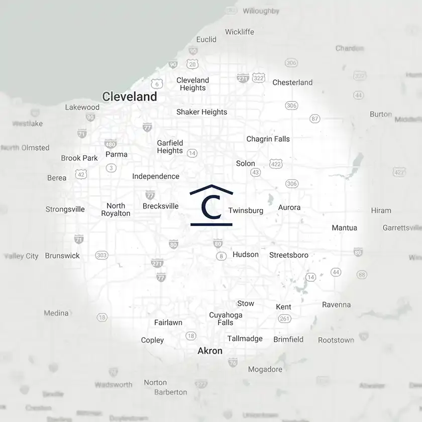 Coblentz Homes service area map showing Northeast Ohio including Hudson Solon Twinsburg Stow